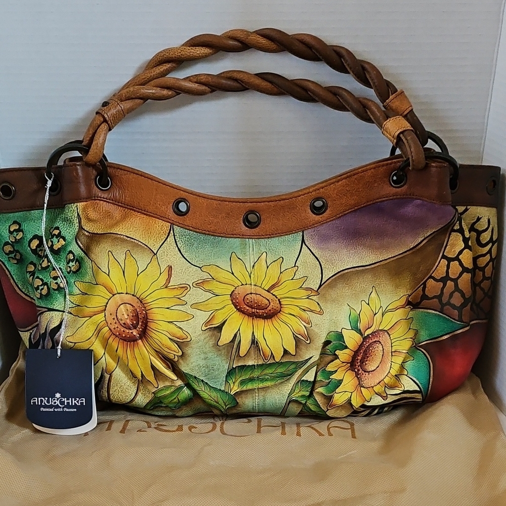 Anuschka Sunflower Art Shoulder East West Leather Bag